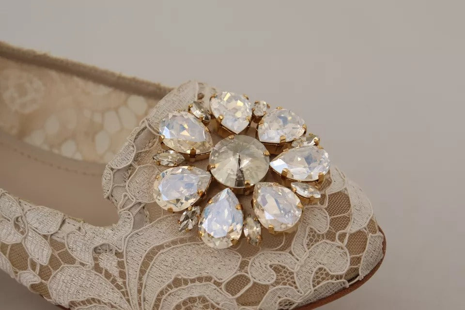 Beige Lace Crystal Ballet Flats Loafers Shoes