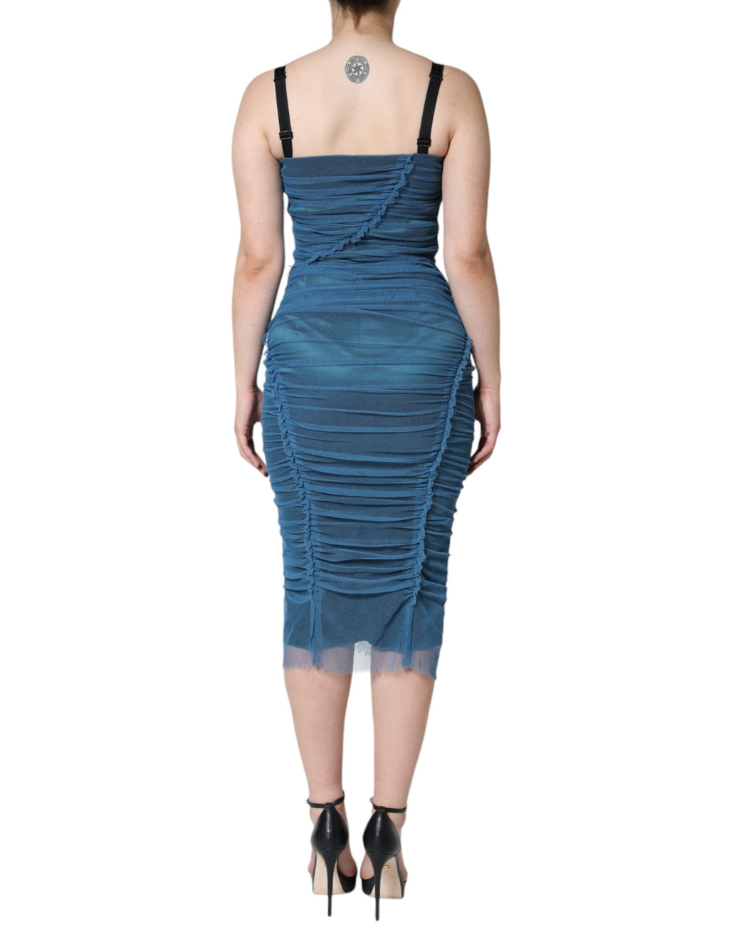 Blue Mesh Trim Ruched Tulle Sheath Dress