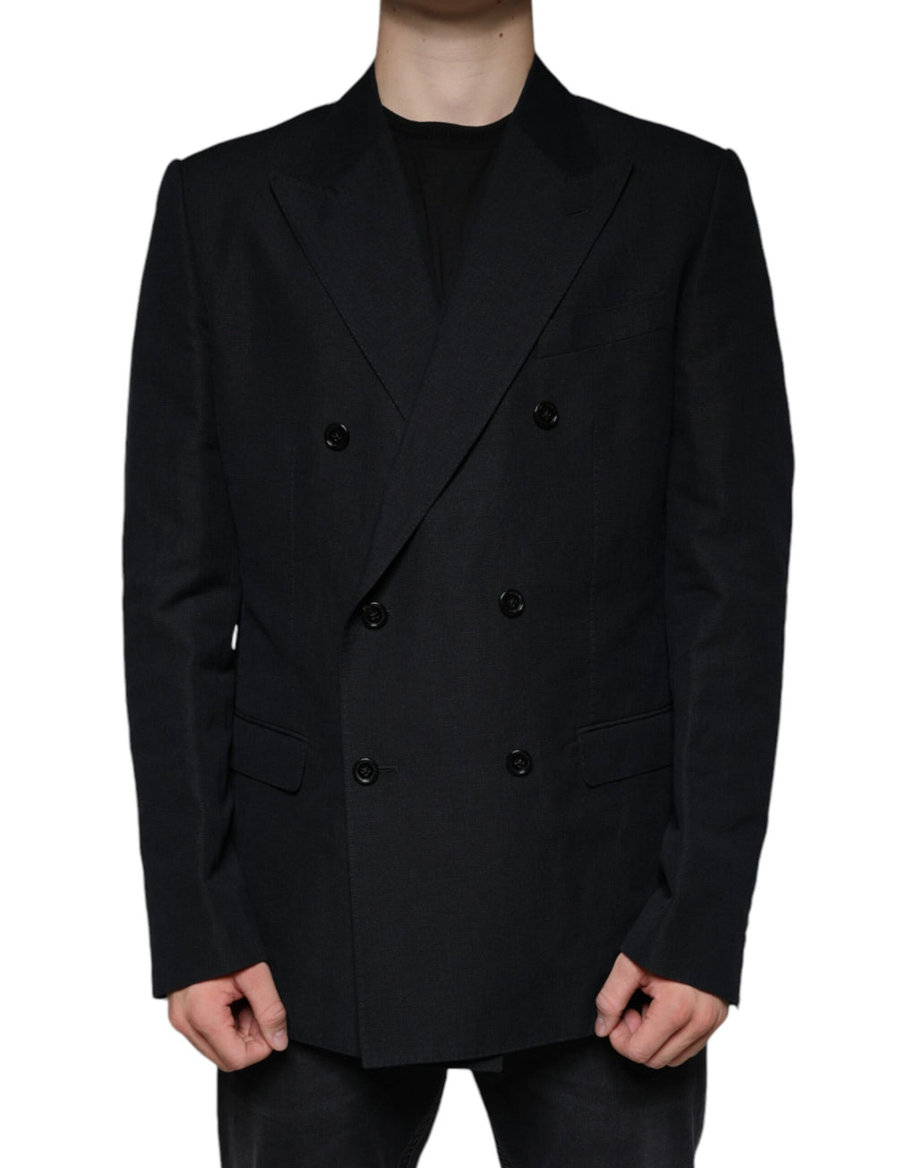 Dark Blue Linen Double Breasted Dress Blazer