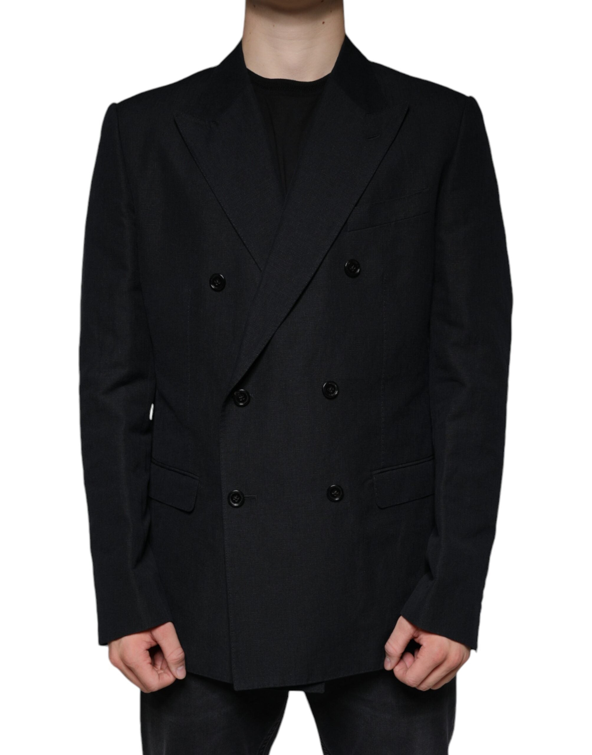 Dark Blue Linen Double Breasted Dress Blazer