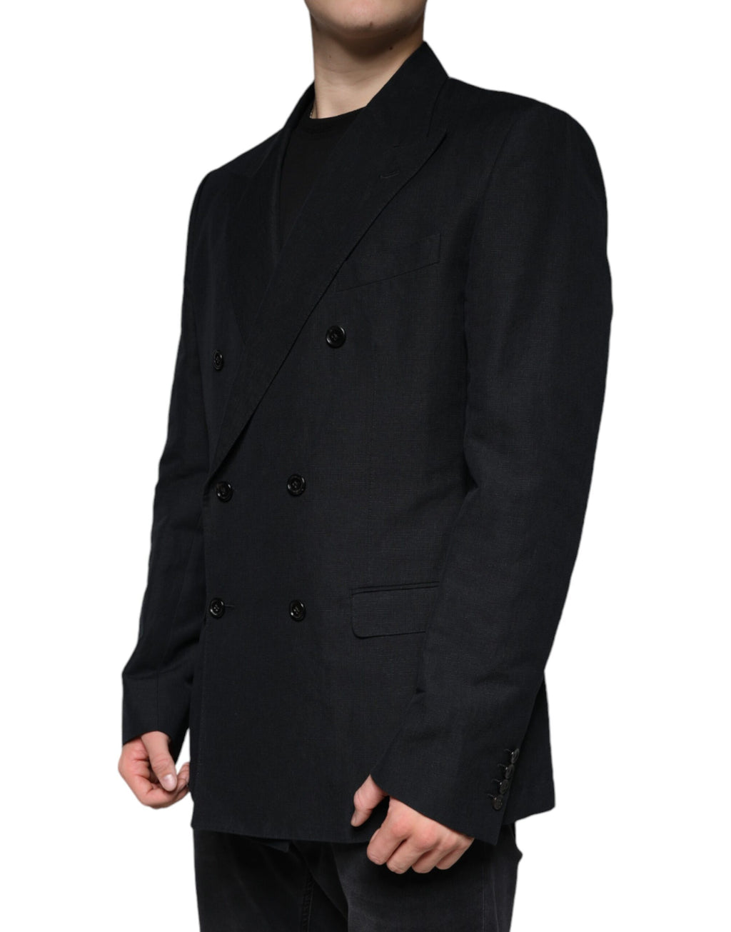 Dark Blue Linen Double Breasted Dress Blazer