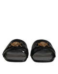 Black Leather Logo Plaque Slip On Slides Flats Shoes
