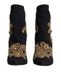Black Gold Embroidery Slip On Boots Shoes