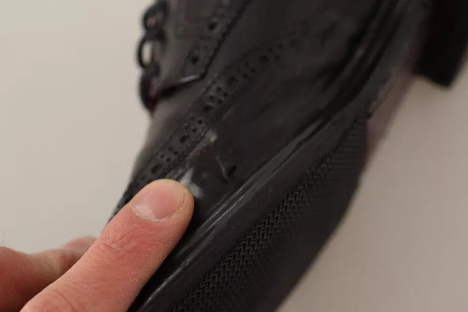 Black Perforated Leather Lace Up Derby Shoes
