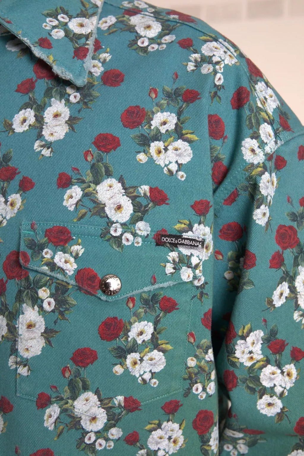 Blue Floral Cotton Button Down Denim Shirt
