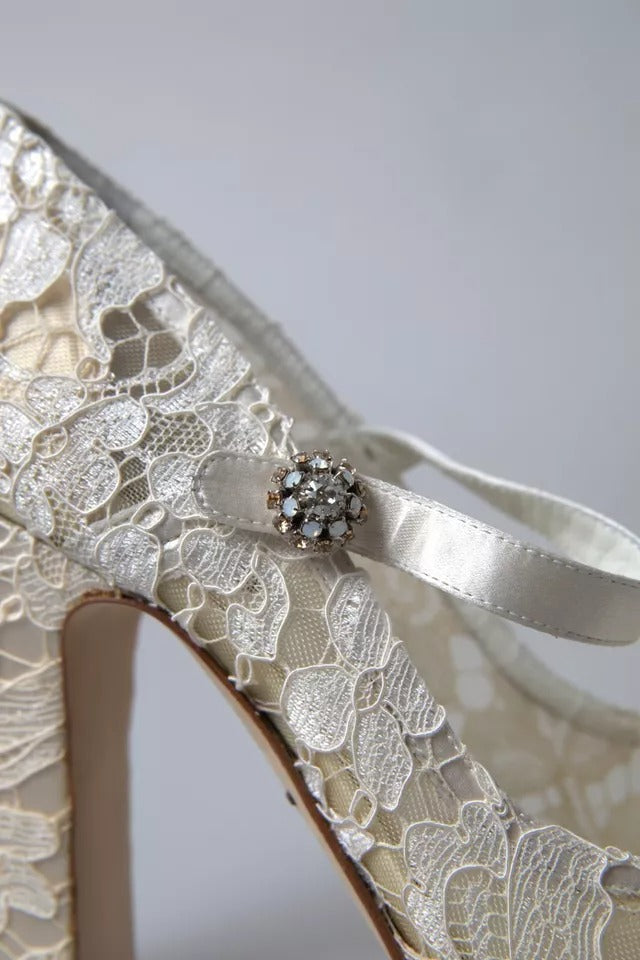 White Lace Crystals Heels Sandals Shoes