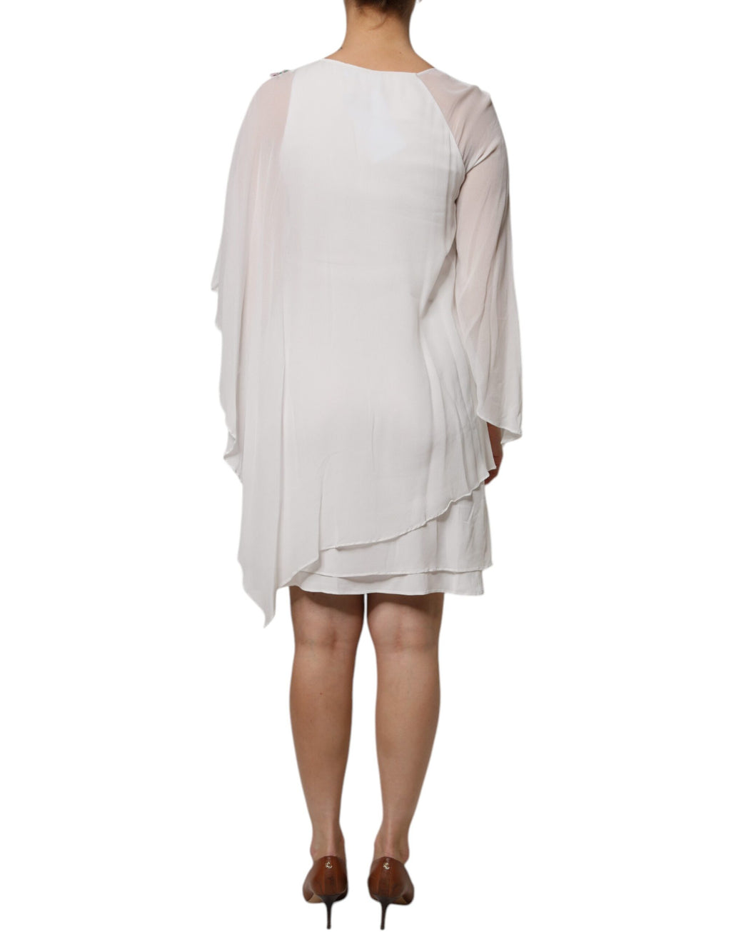White Floral Embroidery Viscose Chiffon Shift Dress