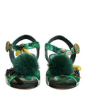 Green Crystal Fur Embellished Sandals Shoes