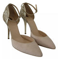 Beige Linen Ankle Strap High Heels Shoes