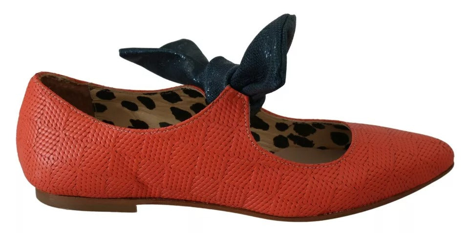 Orange Leather Bow Slip-on Loafers Ballet Flat Shoes