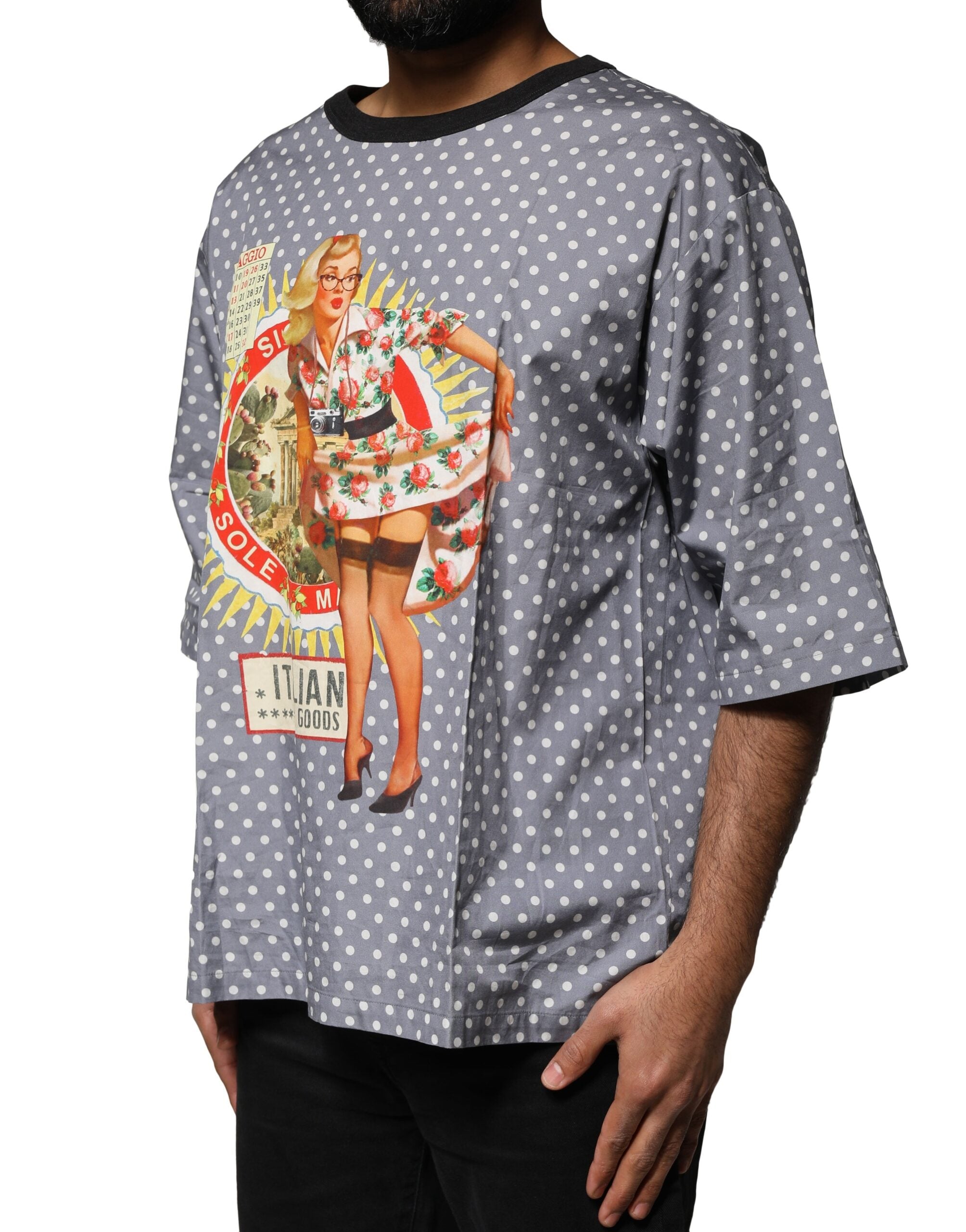 Gray Polka Dot Pin-Up Print Crew Neck T-shirt