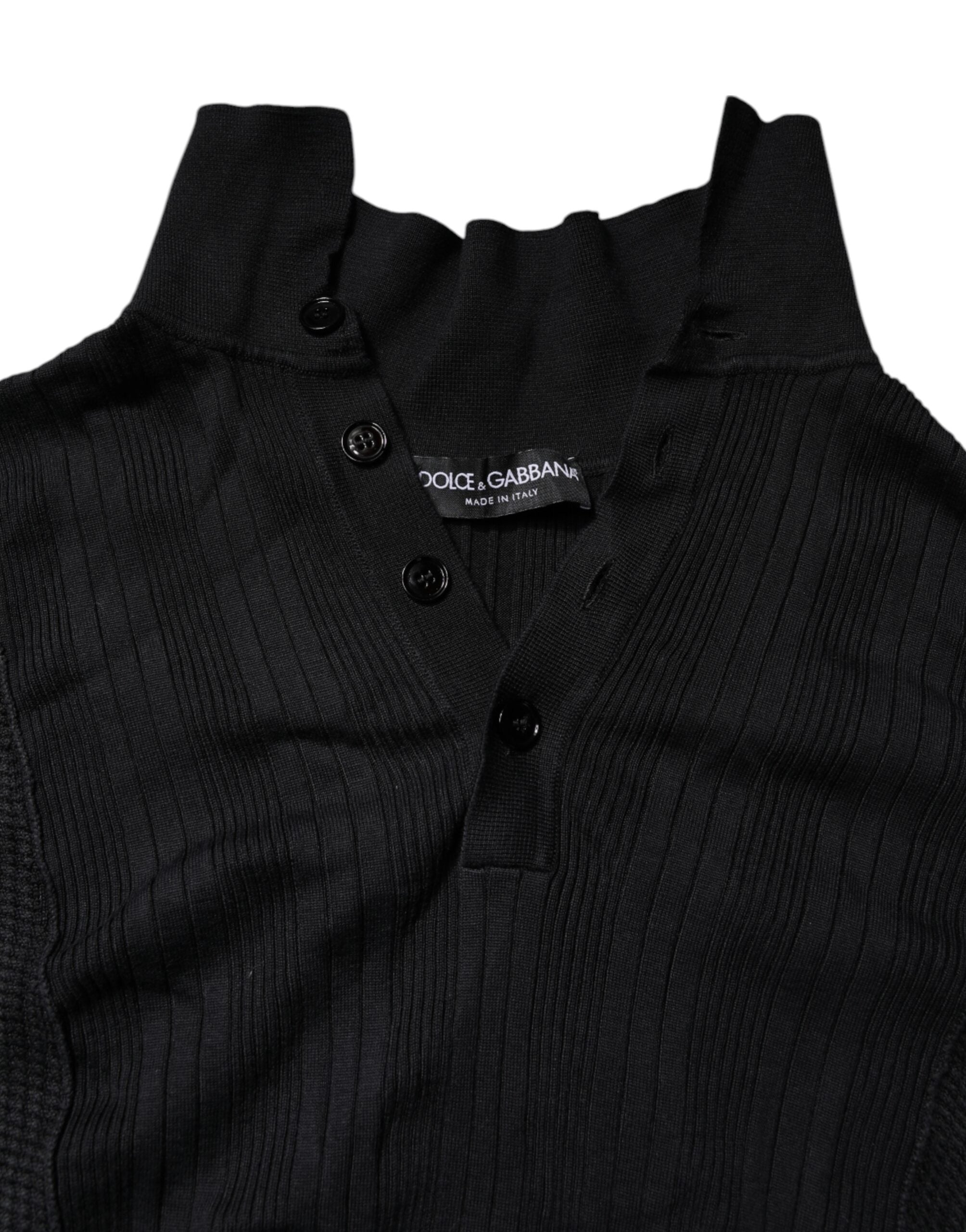 Black Heraldic Silk Buttoned Pullover Sweater