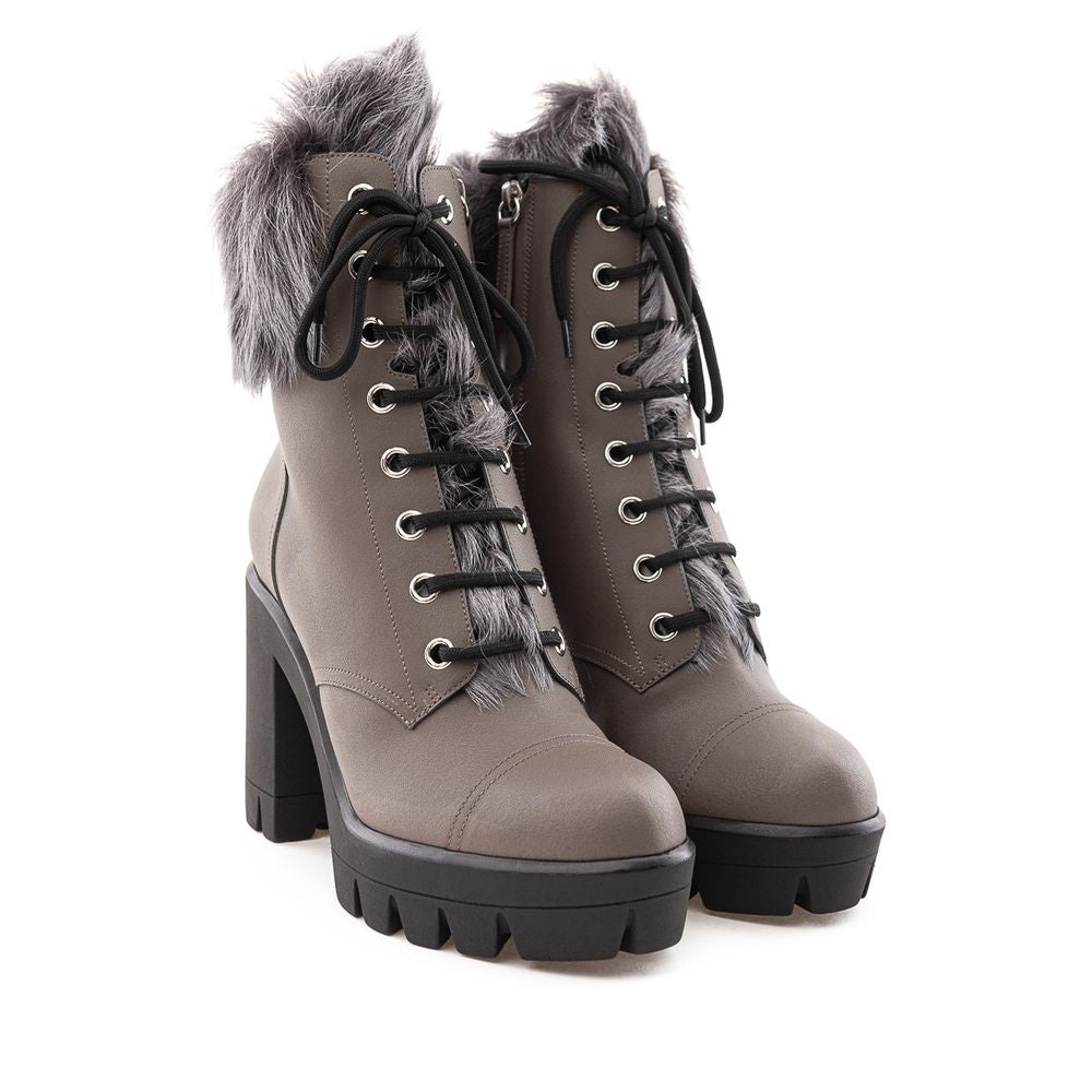Beige Eco Leather Lace-Up Boots