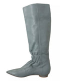 Blue Leather Elastic Flats Pull On Knee High Boots Shoes
