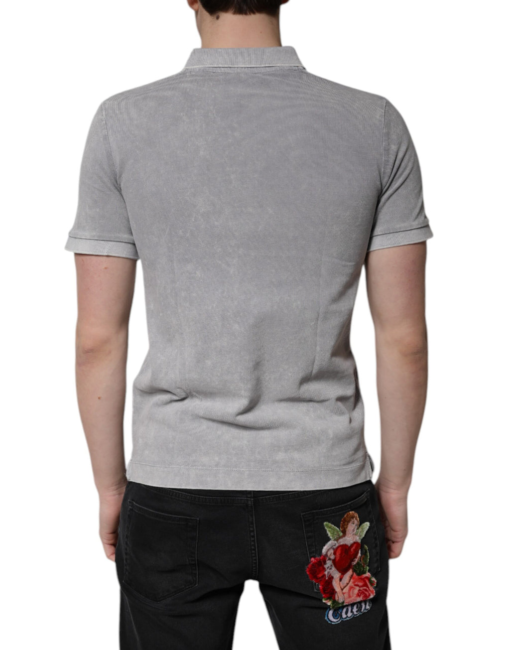 Gray Logo Plaque Cotton Men Polo Shirt T-shirt