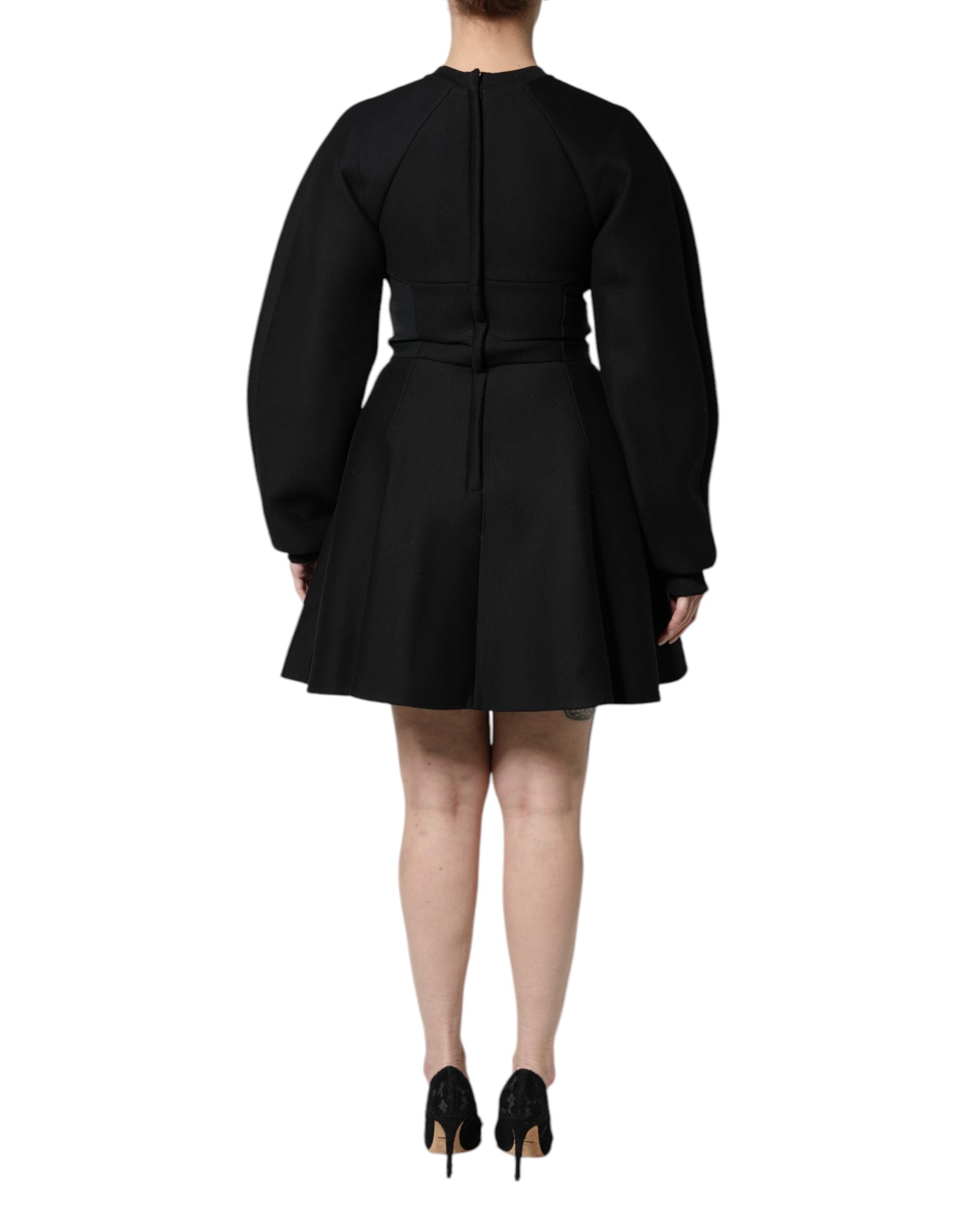 Black Cotton Long Sleeves A-line Mini Dress