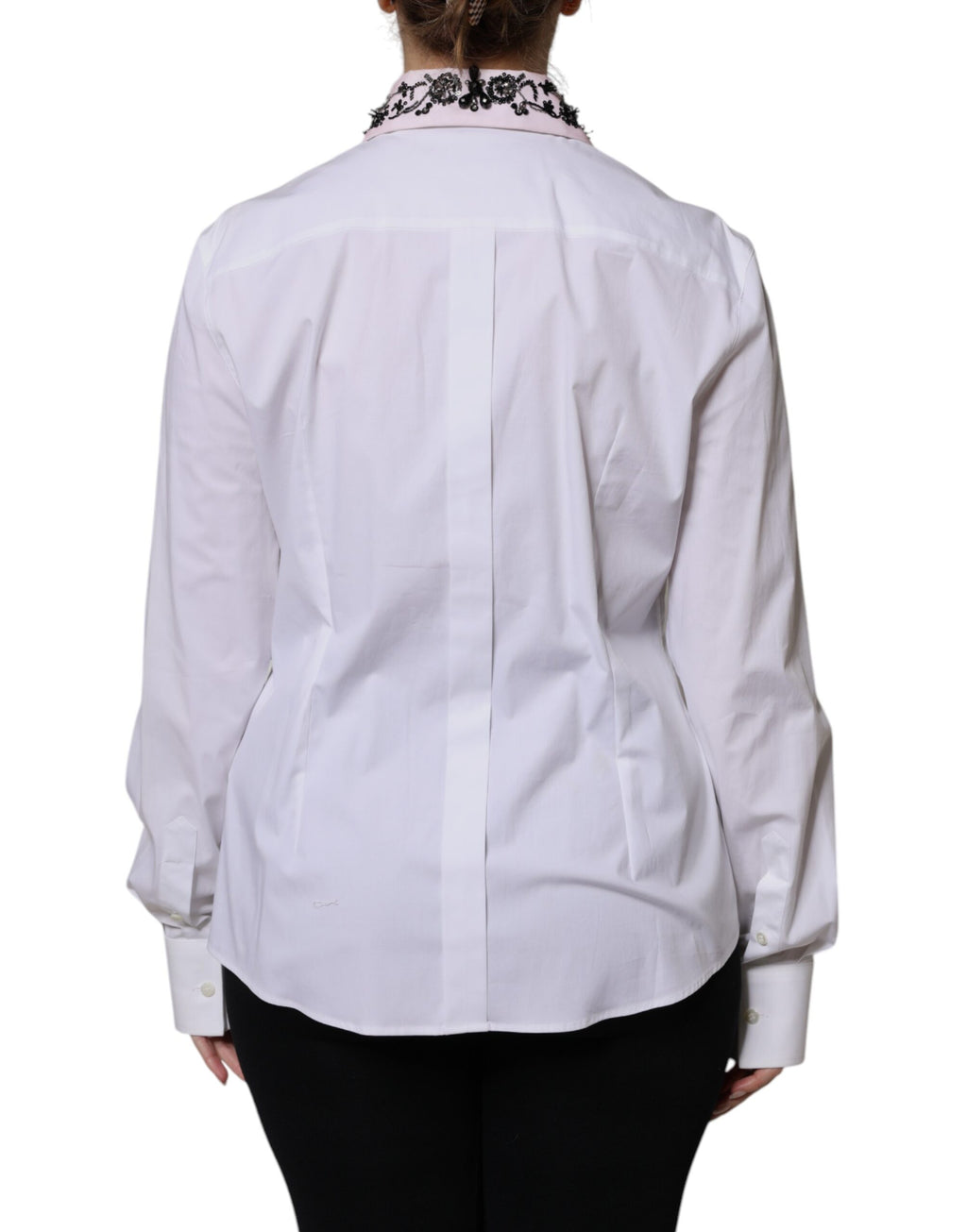 White Embellished Collared Dress Shirt Top