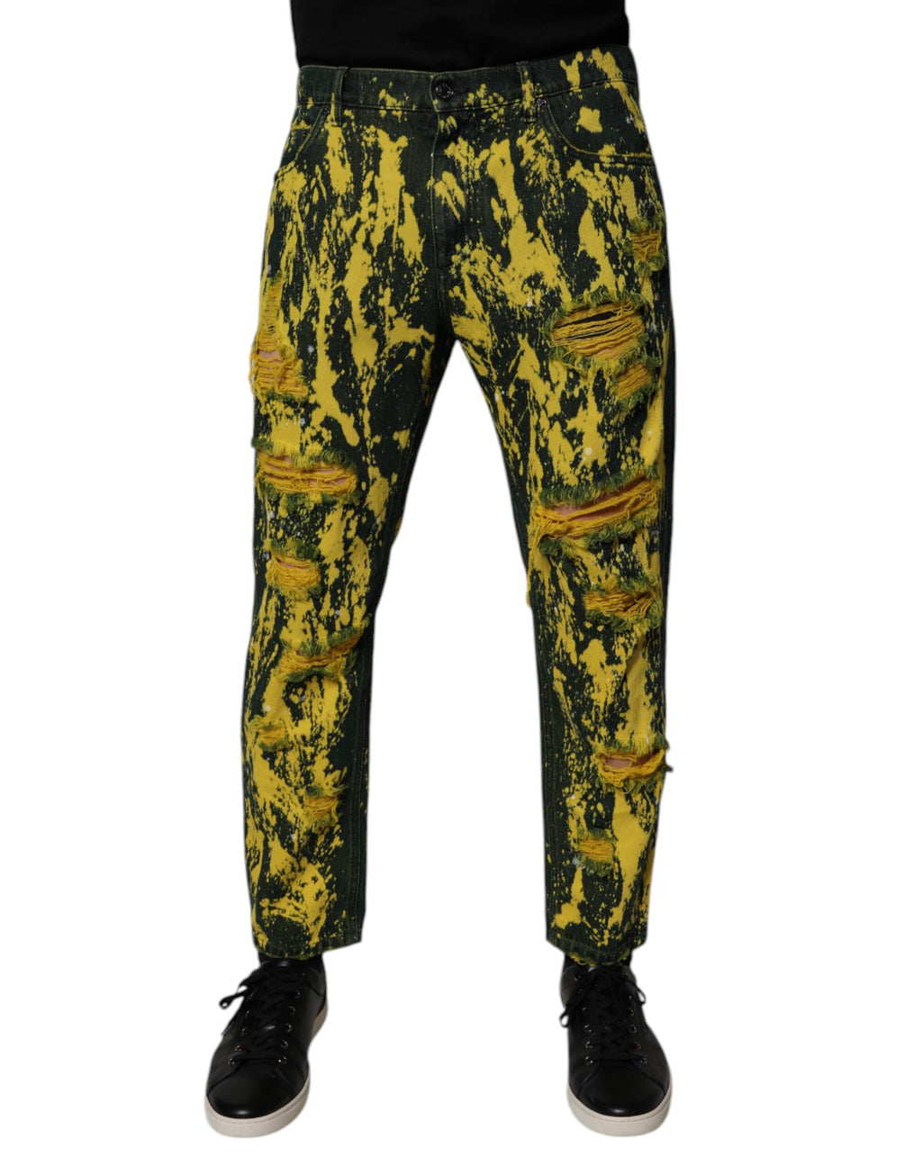 Black Green Tie Dye Tattered Skinny Men Denim Jeans