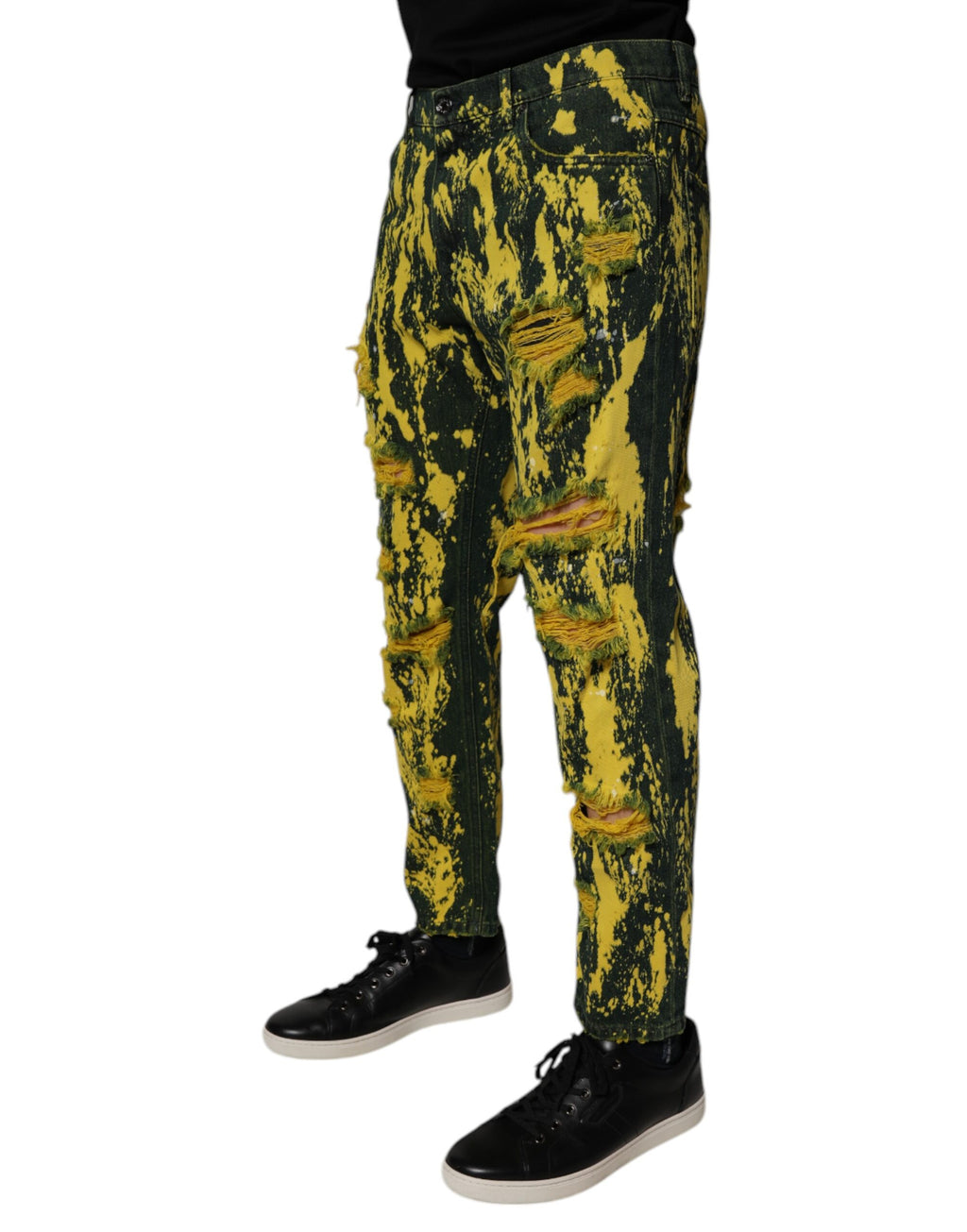 Black Green Tie Dye Tattered Skinny Men Denim Jeans