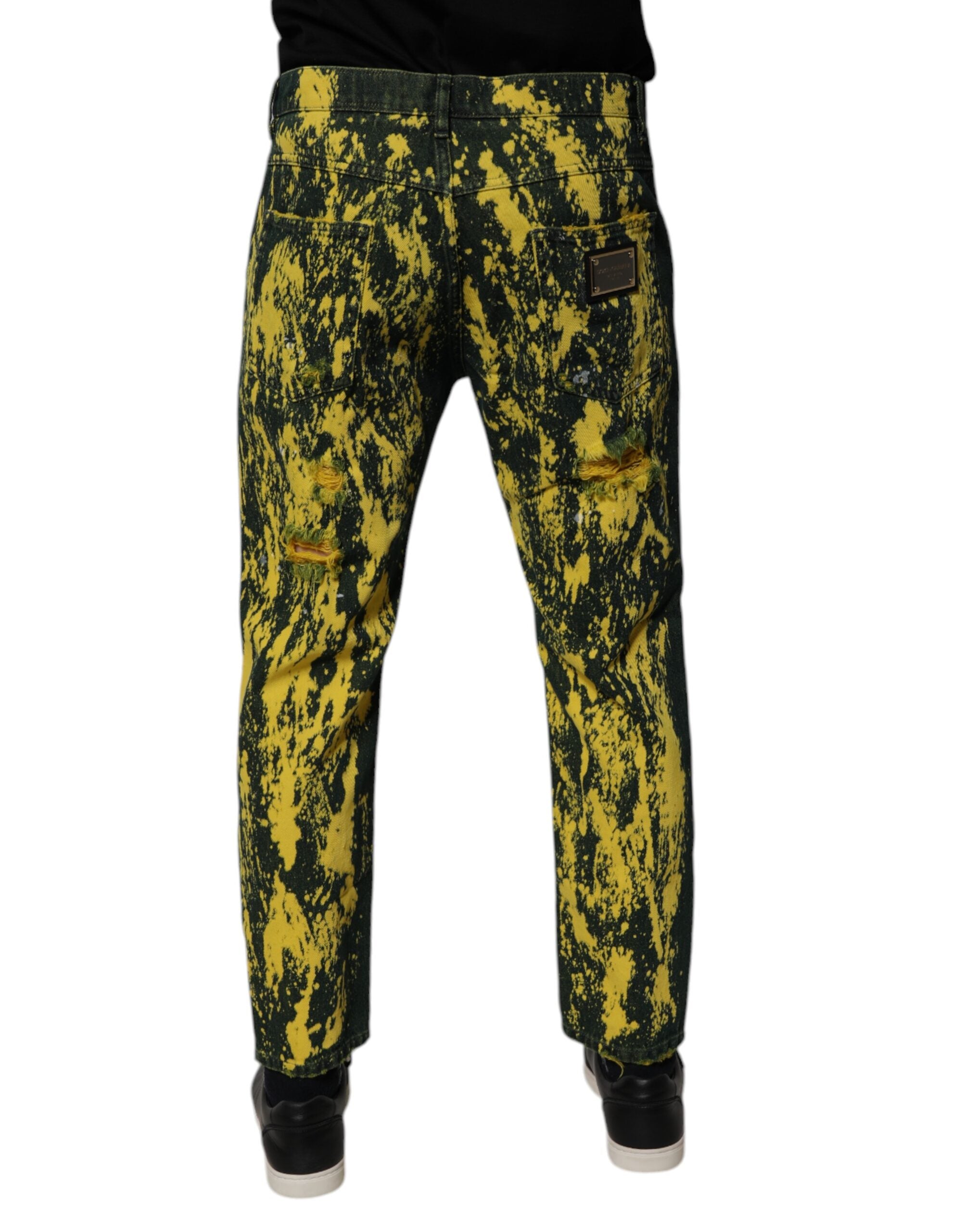 Black Green Tie Dye Tattered Skinny Men Denim Jeans