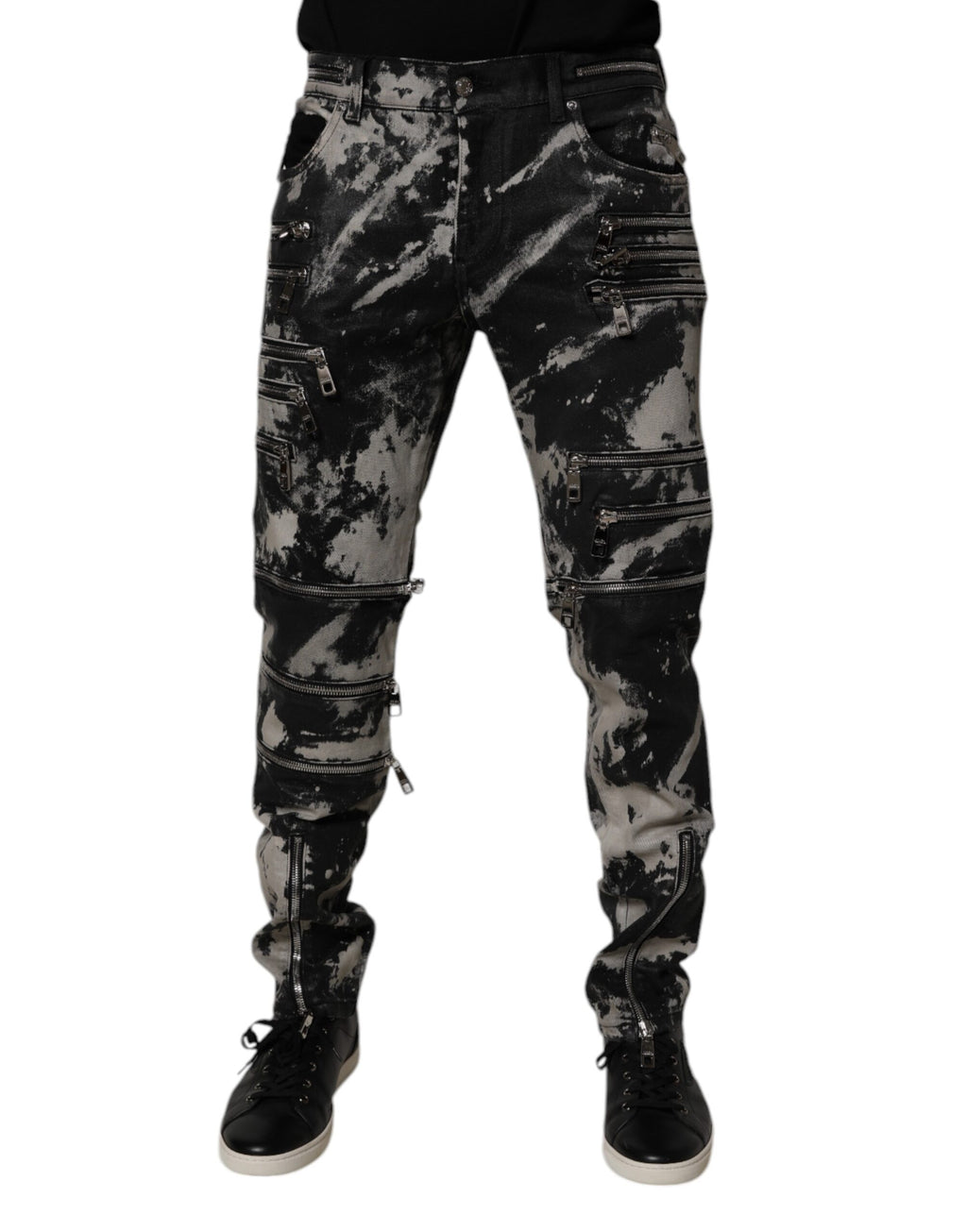 Dark Gray Tie Dye Cotton Skinny Zip Denim Jeans