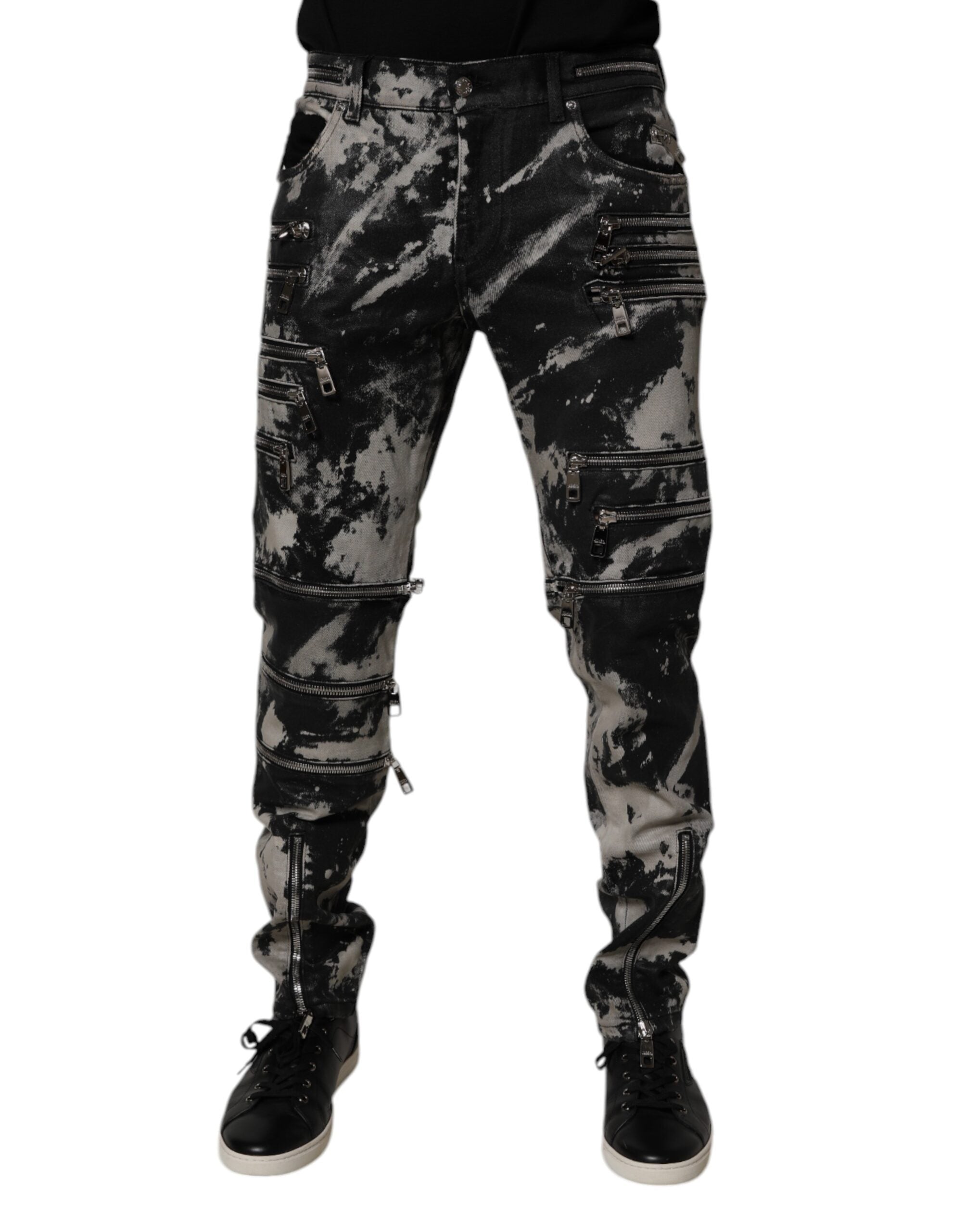 Dark Gray Tie Dye Cotton Skinny Zip Denim Jeans