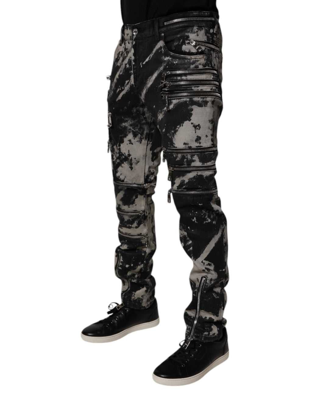 Dark Gray Tie Dye Cotton Skinny Zip Denim Jeans