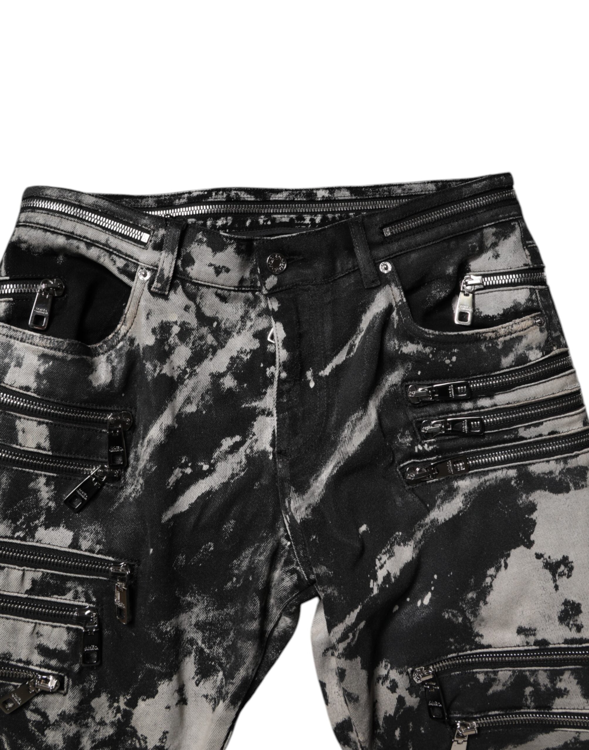 Dark Gray Tie Dye Cotton Skinny Zip Denim Jeans