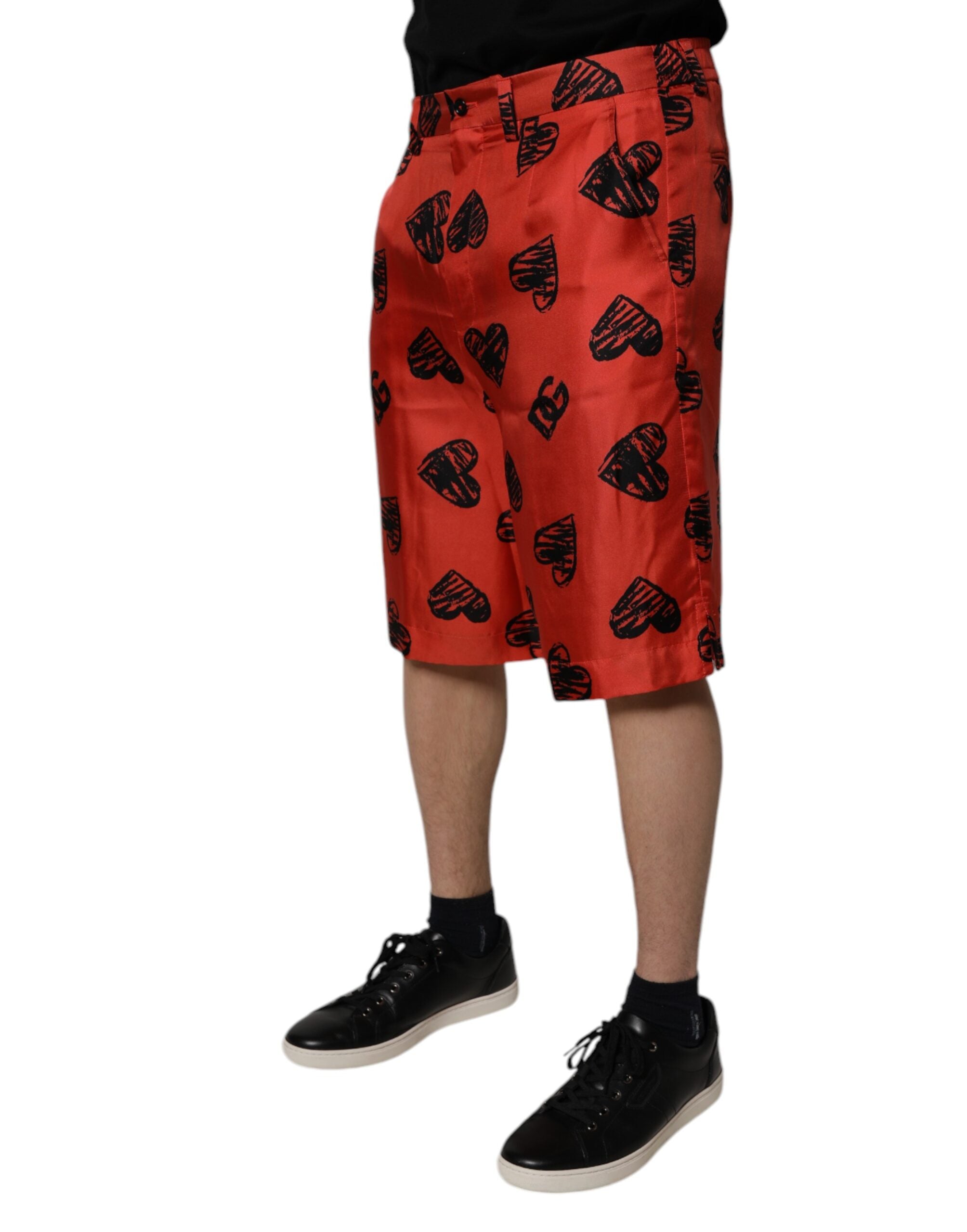 Orange Silk Heart Print Bermuda Shorts