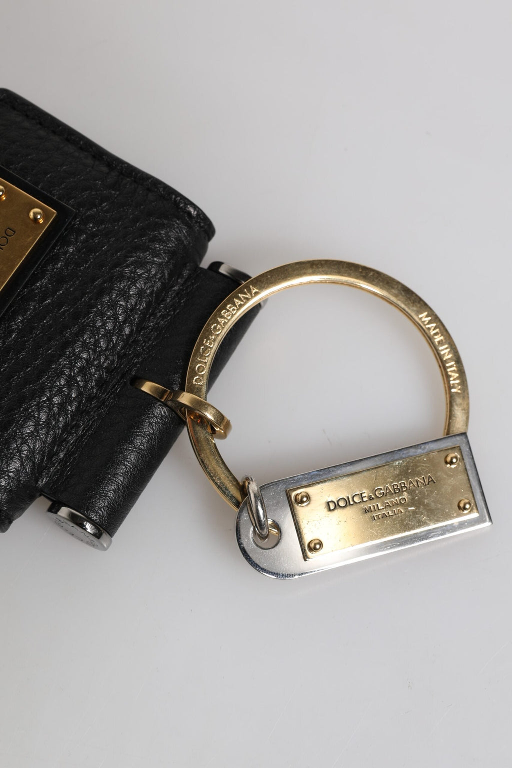 Dolce & Gabbana Black Leather Strap Gold Metal Logo Plaque Airpods Case