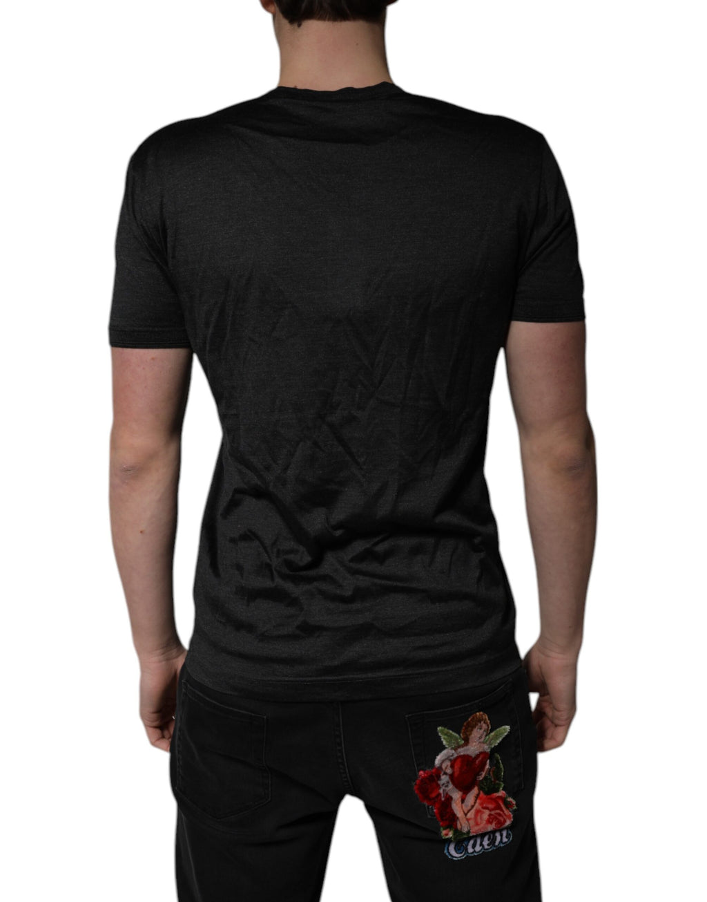 Dark Gray Silk V-neck Short Sleeves T-shirt