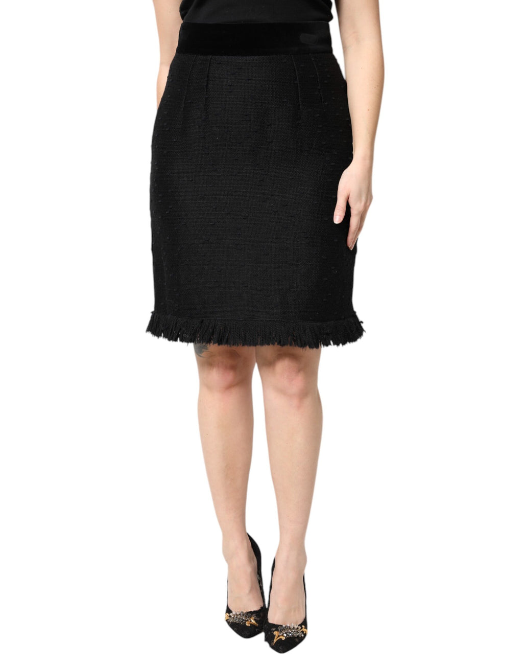 Black Wool Fringe High Waist Pencil Mini Skirt