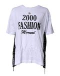 White Print Lace-Up Cotton Crew Neck T-shirt