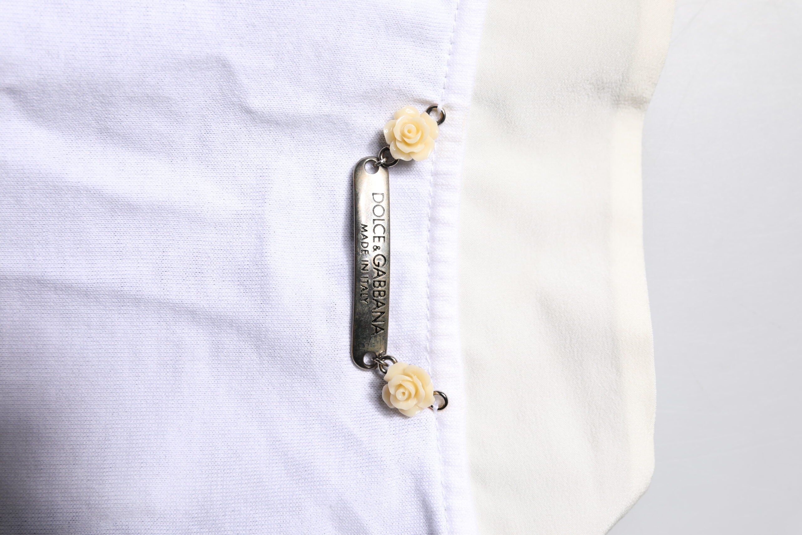 Dolce & Gabbana White Cotton Silk Blend Ascot Collar T-shirt