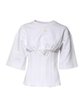 White Cotton Blend 3/4 Sleeves Blouse Top
