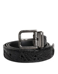 Black Exotic Leather Metal Logo Buckle Belt