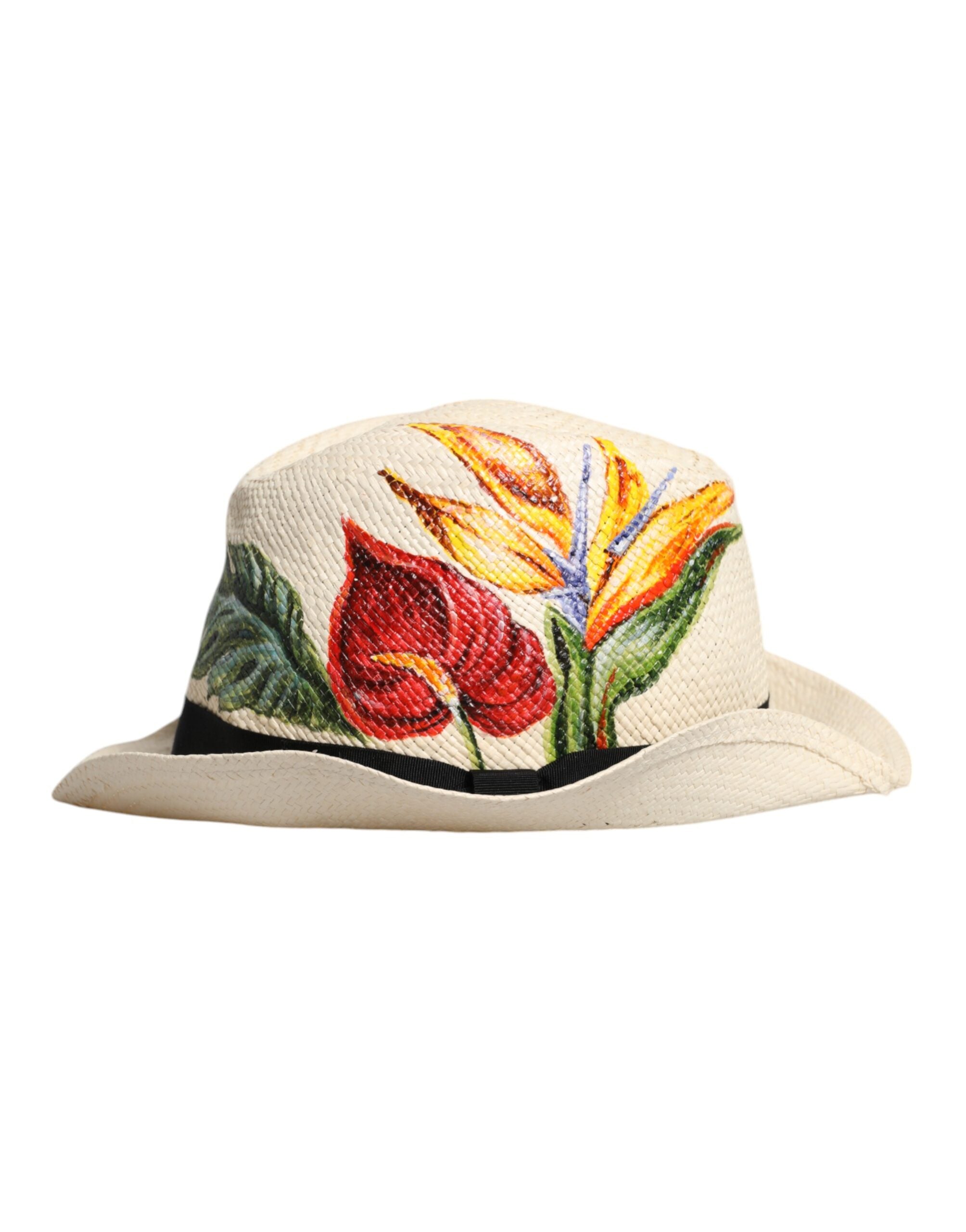 Beige Floral Print Straw Wide Brim Fedora Hat