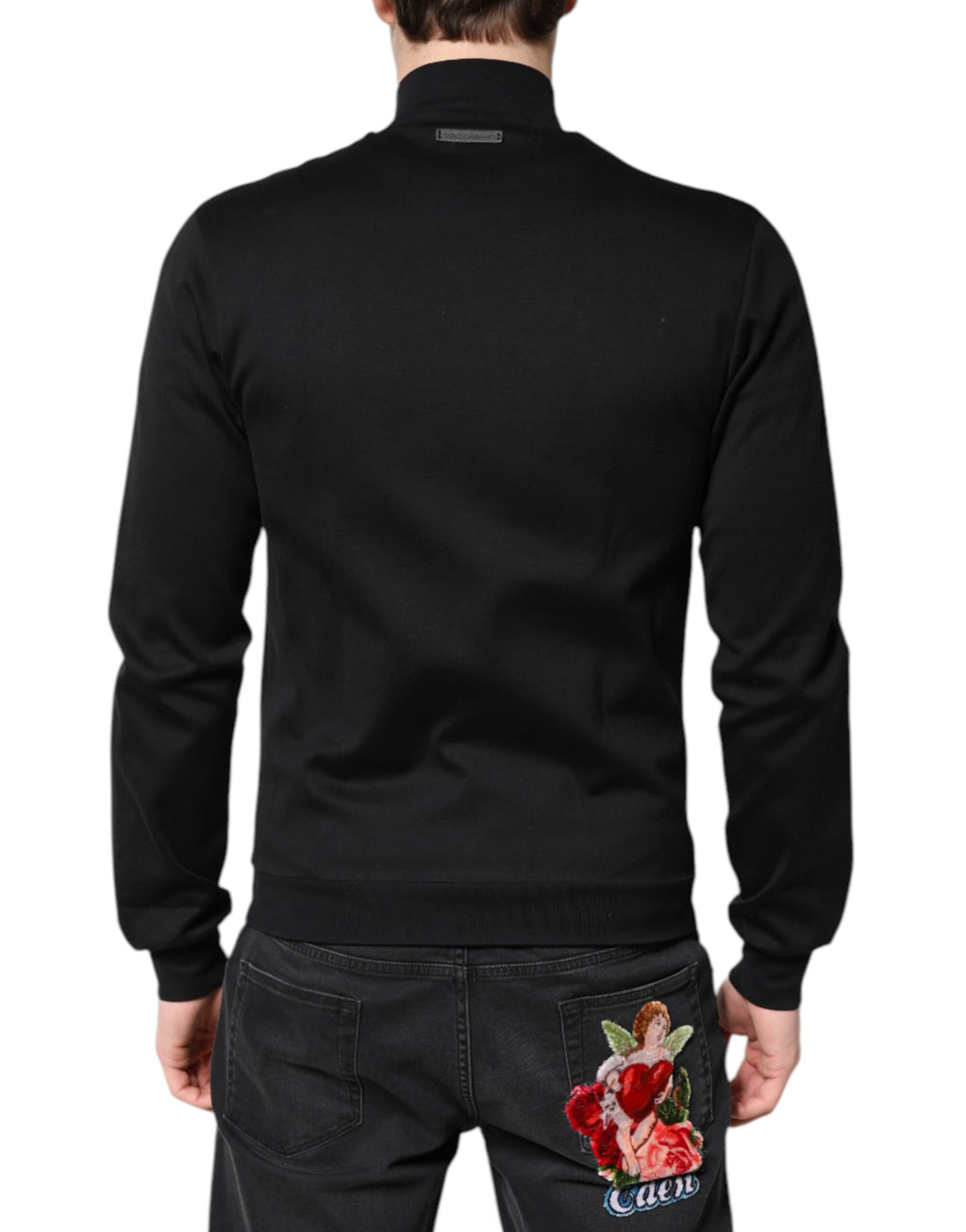 Black Cotton Logo Full Zip Men Bomber Jacket