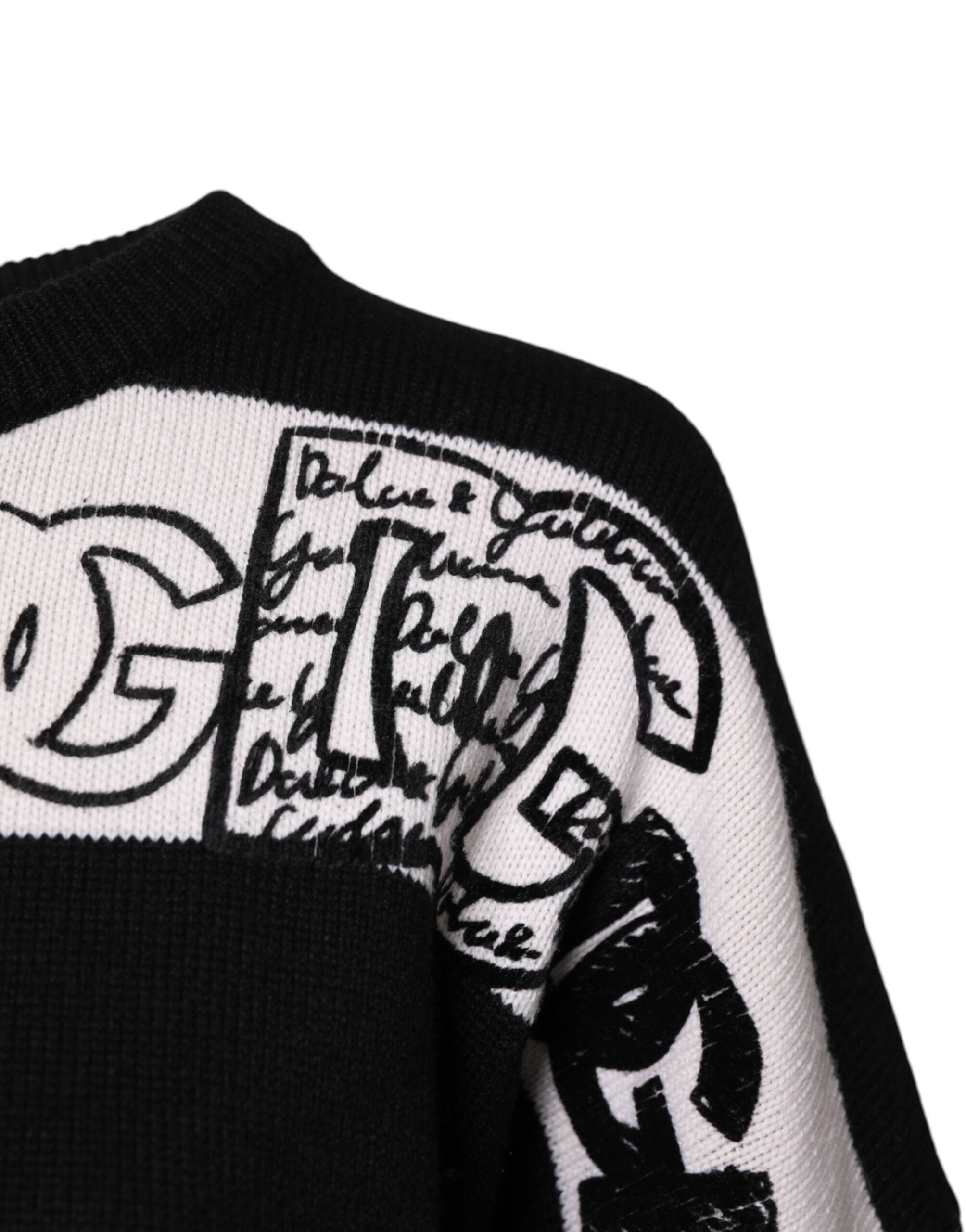 Black White Logo Print Wool Pullover Sweater