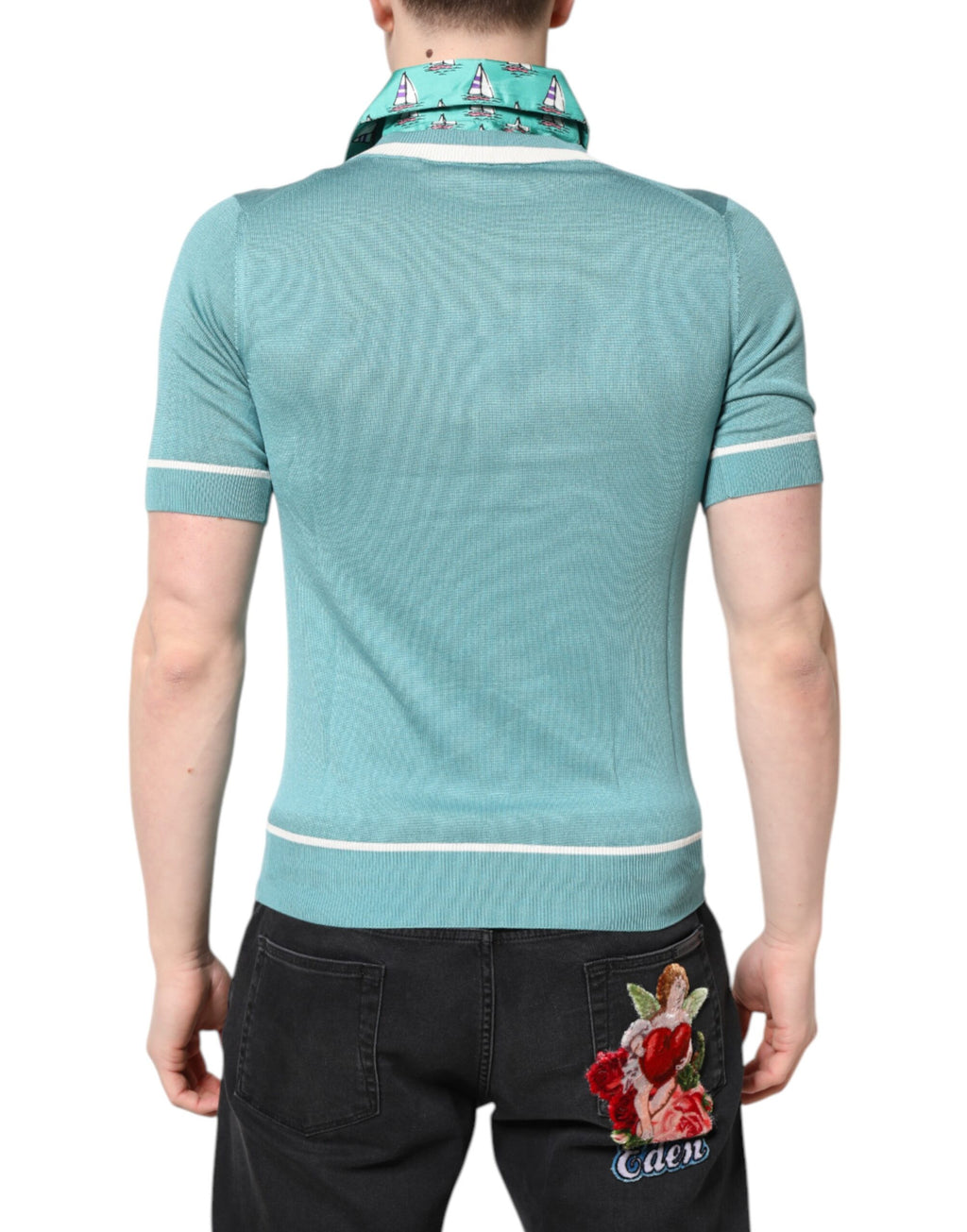 Green Printed Collared Short Sleeve T-shirt