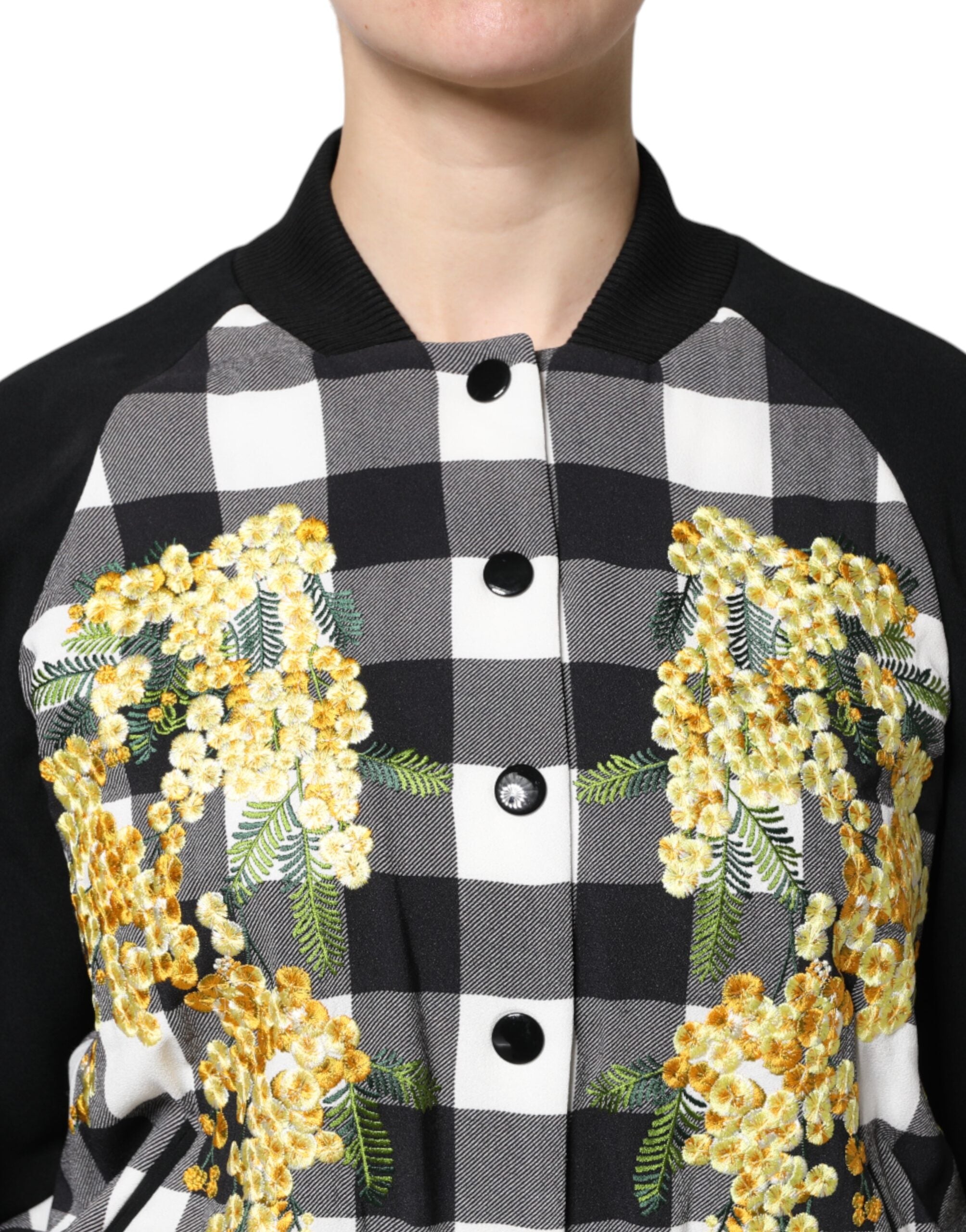 Black White Check Floral Button Down Jacket