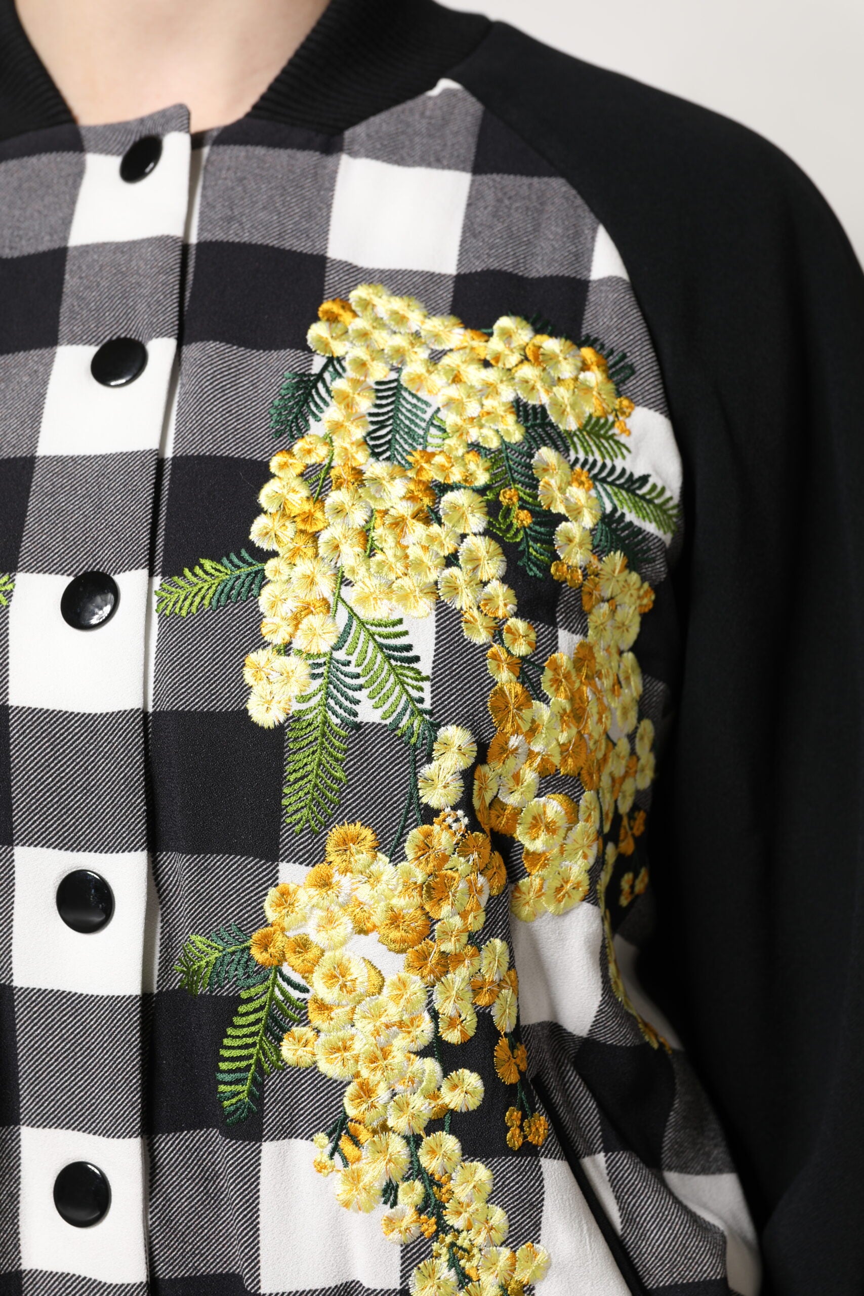 Black White Check Floral Button Down Jacket
