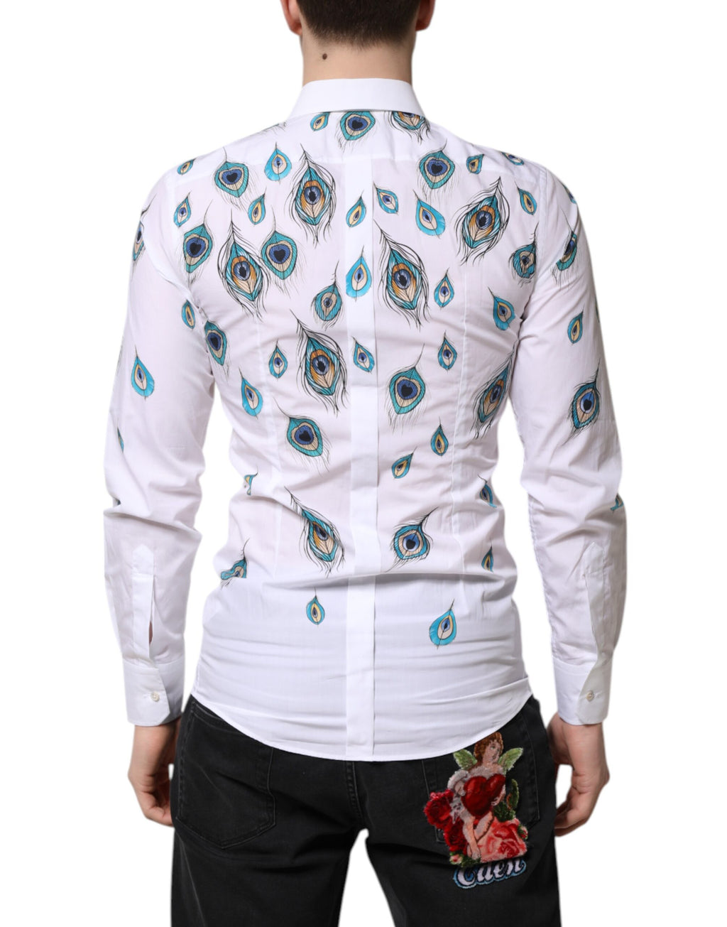 White Cotton Feather Print GOLD Dress Shirt