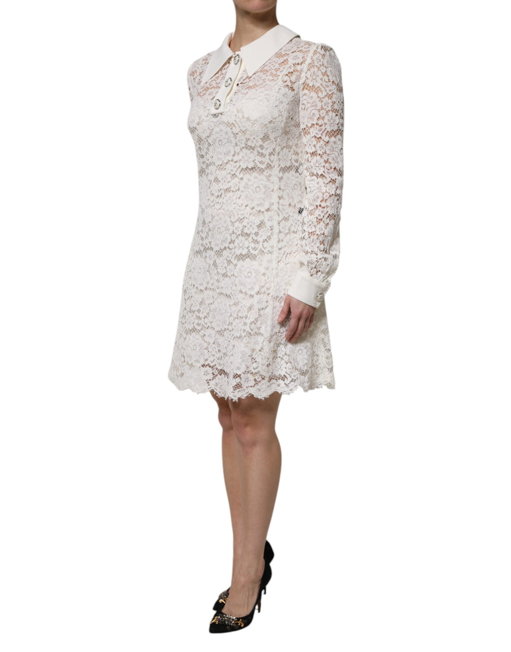 White Floral Lace Long Sleeves A-line Dress