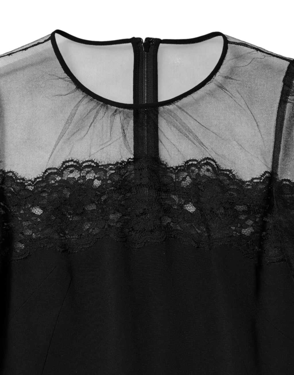 Dolce & Gabbana Black Lace Trim Nylon Tulle Sheath Midi Dress