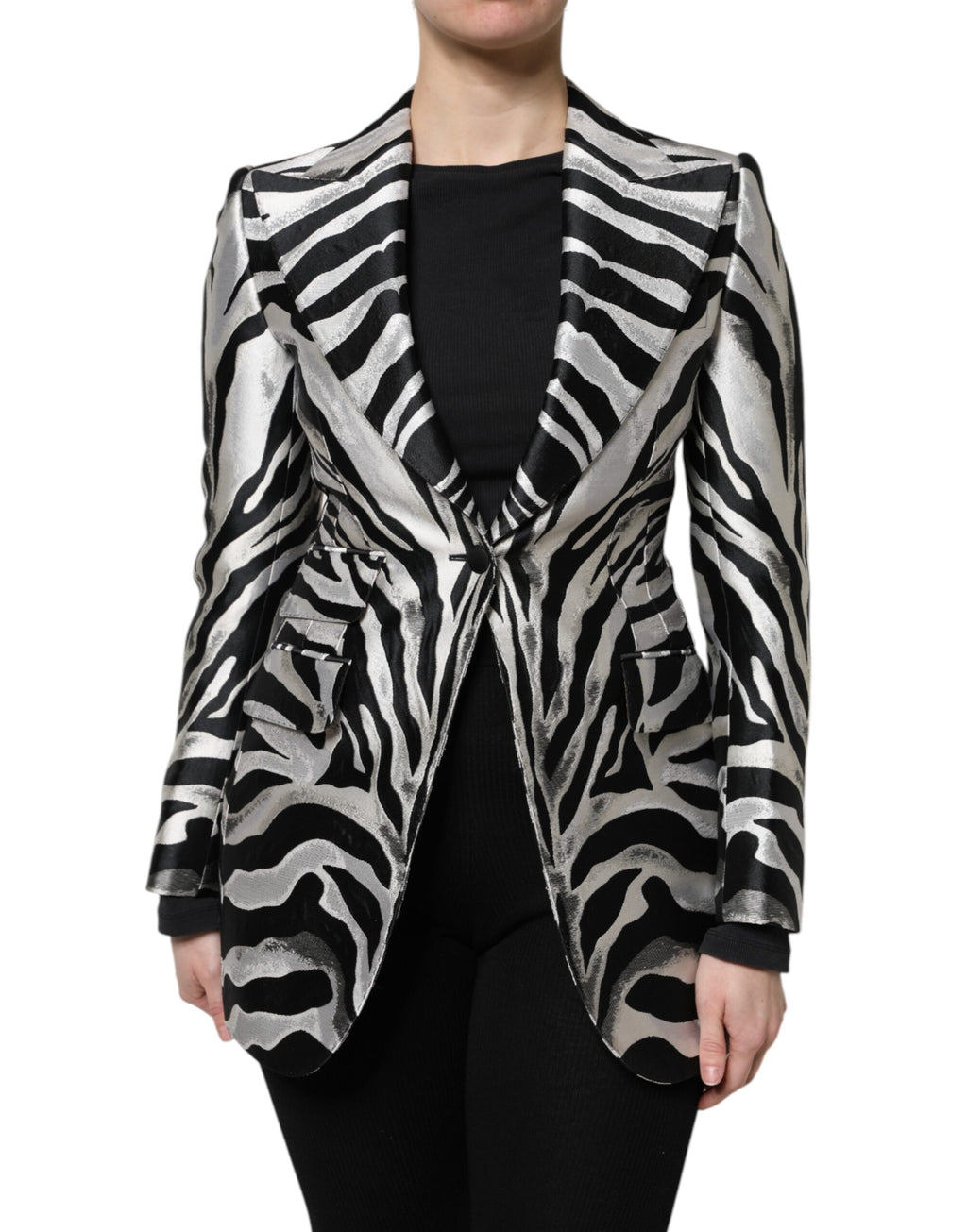 Black Silver Polyester Women Blazer Jacket