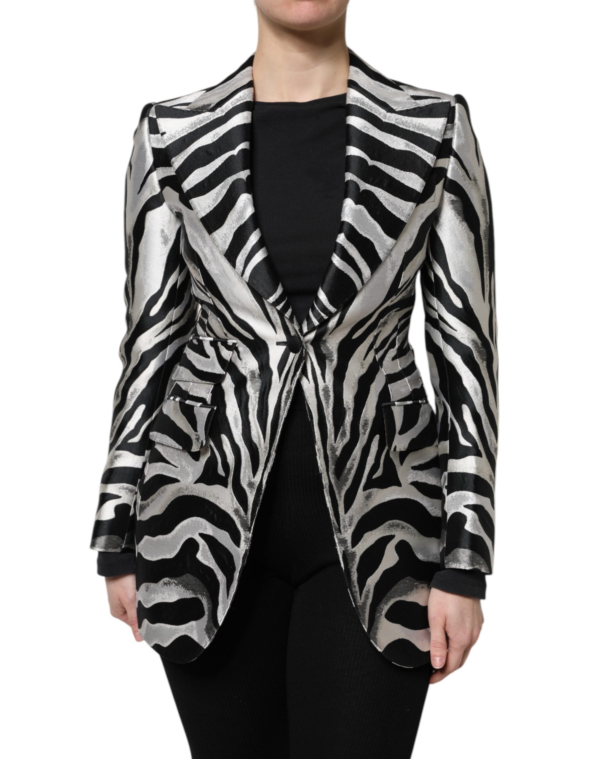 Black Silver Polyester Women Blazer Jacket
