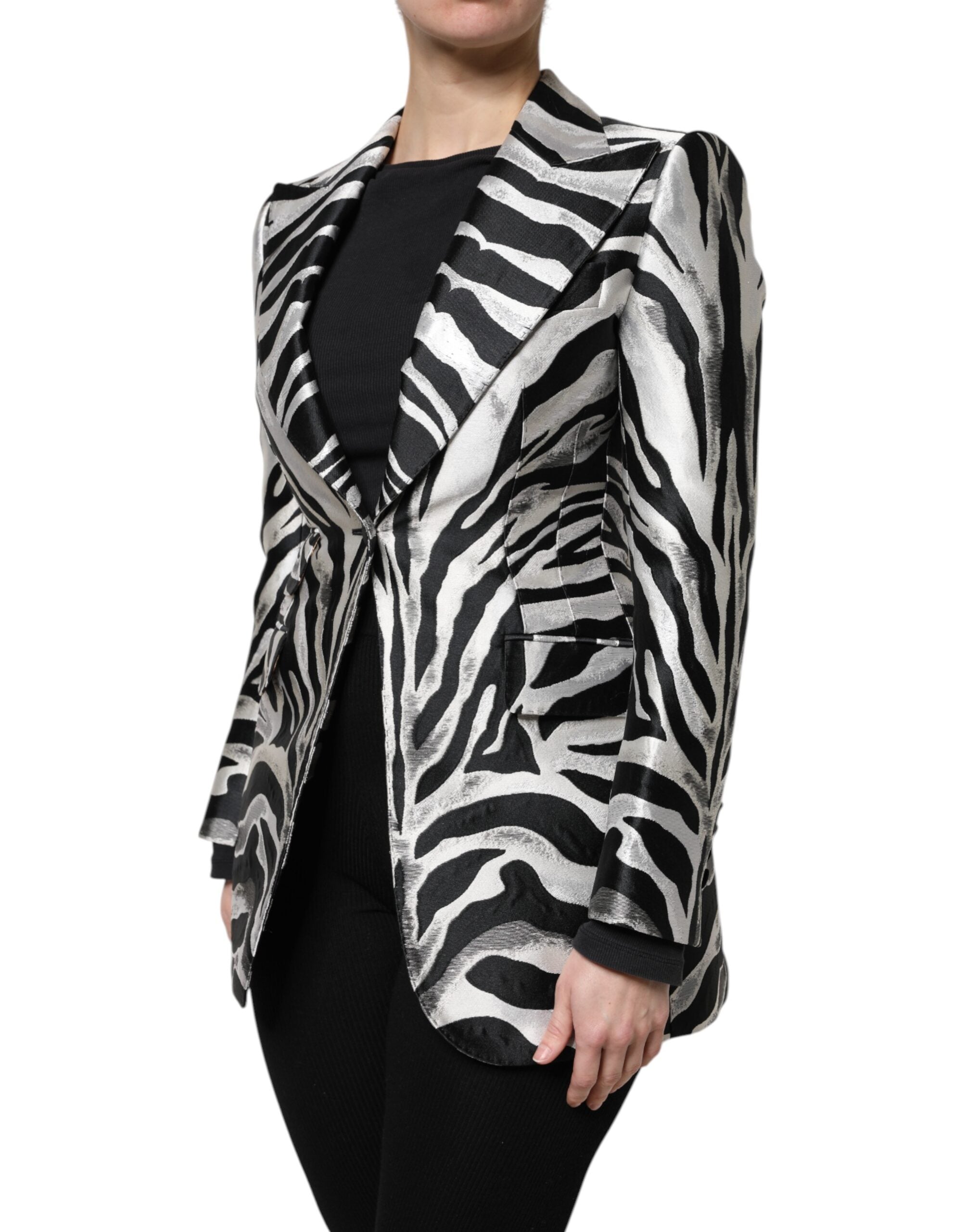 Black Silver Polyester Women Blazer Jacket