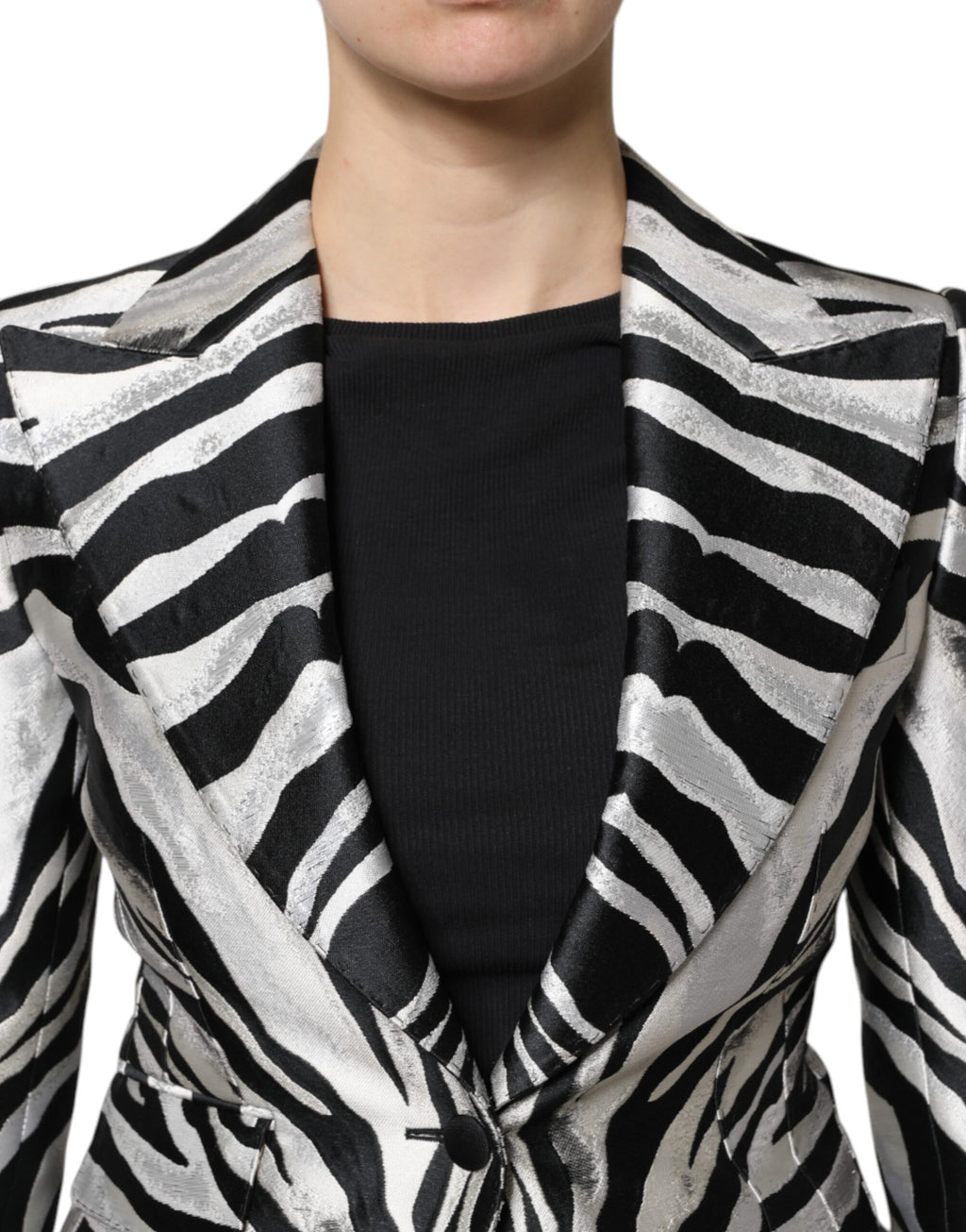 Black Silver Polyester Women Blazer Jacket