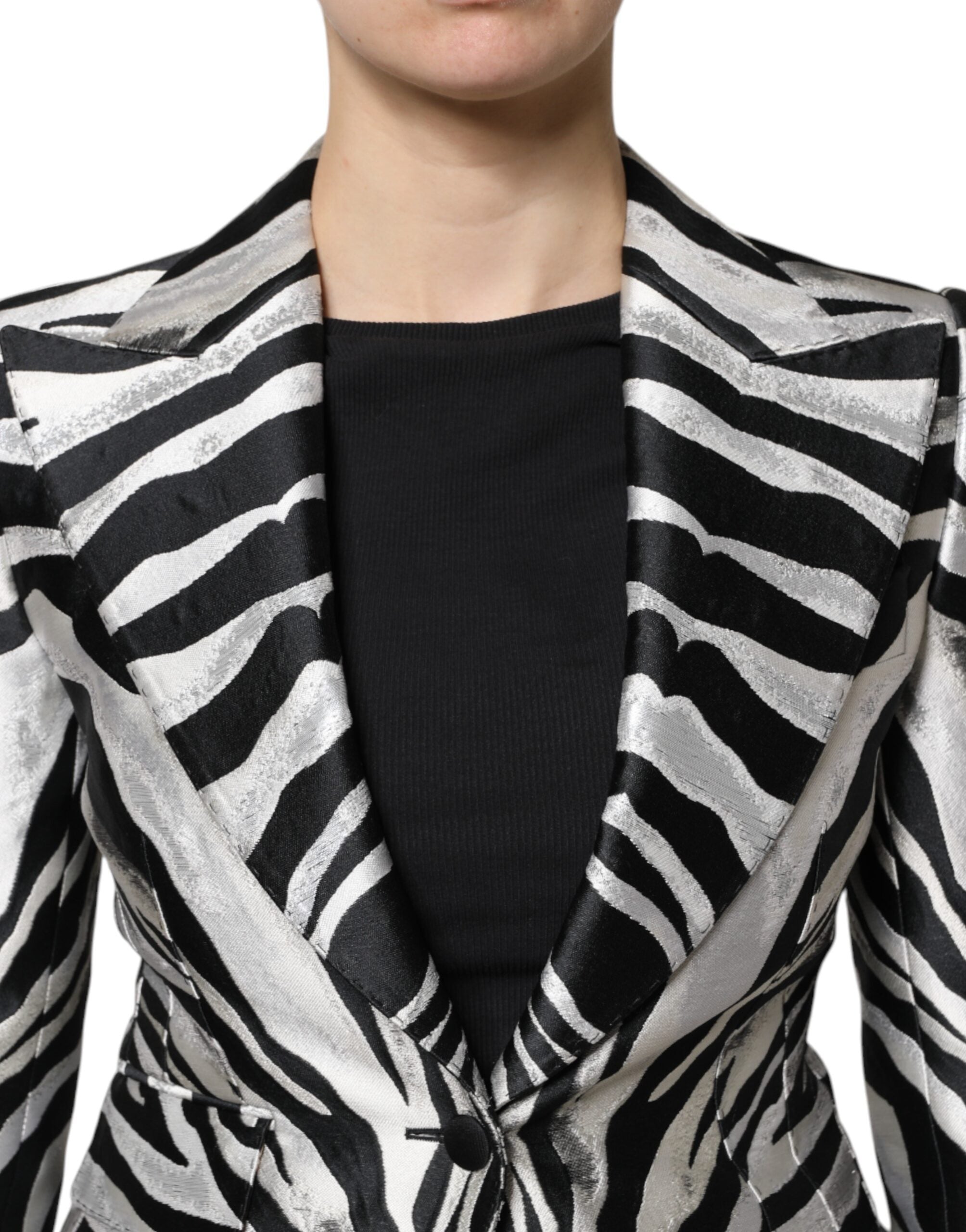 Black Silver Polyester Women Blazer Jacket